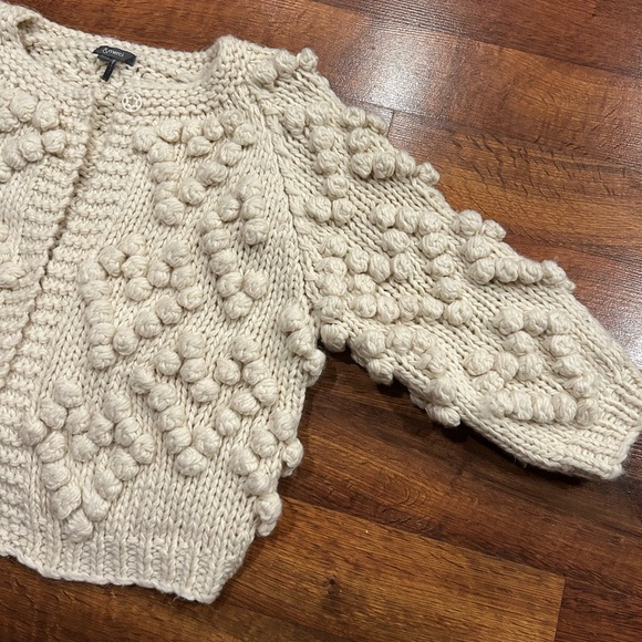 & Merci Ivory Pom Pom Hearts Hand Knit Wool Blend Sweater Women’s Size Medium - Picture 2 of 8